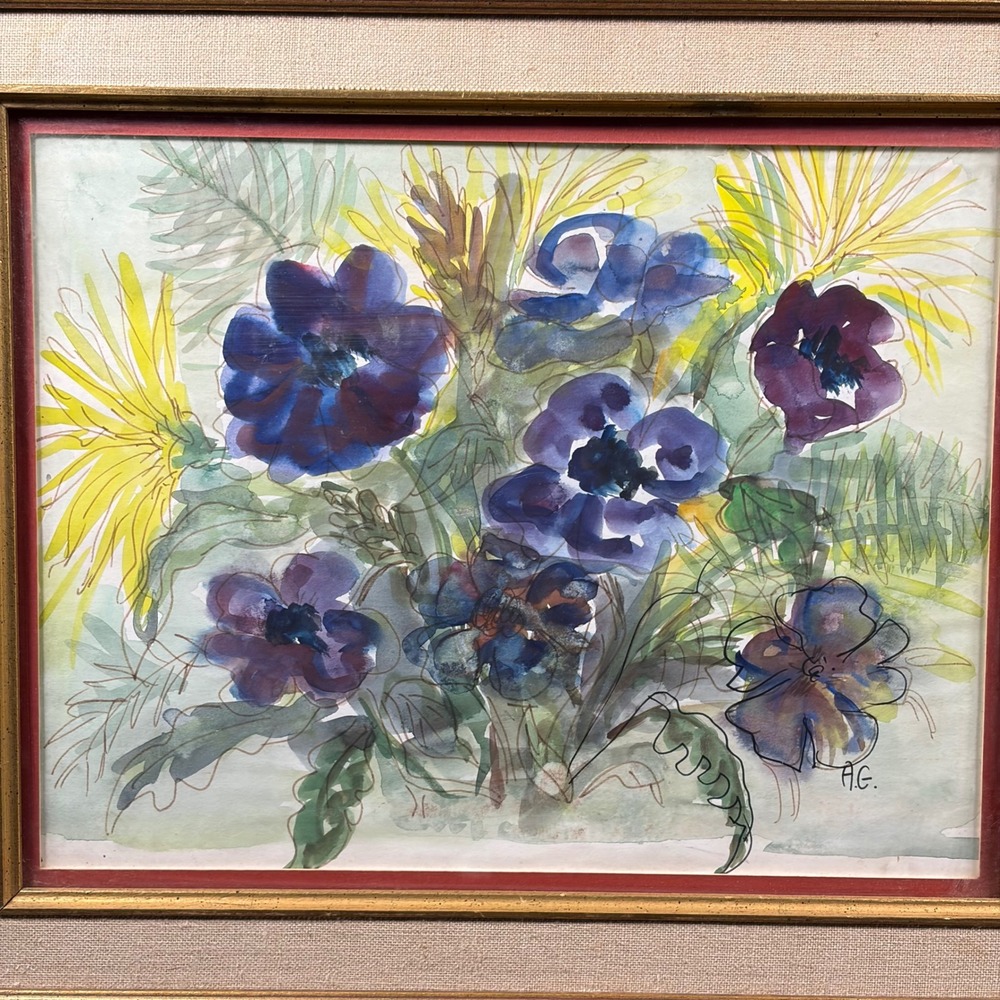 A.G. Signed Floral Watercolor Painting Vintage Gilt Frame Bethesda Gallery Label